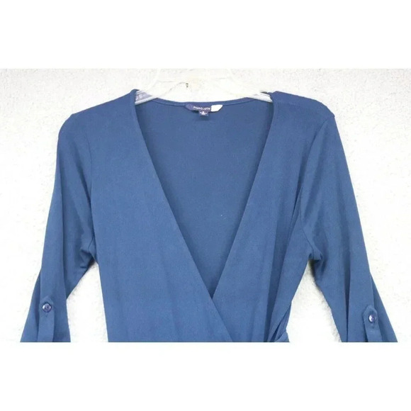 Modcloth Navy Blue Midi Wrap Dress-Size Small-Roll Tabbed 3/4 Sleeves - Picture 2 of 11